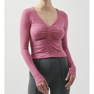 ATM Anthony Thomas Melillo Shirt Womens Small Rib V-Neck Ruched Pink Gardenia